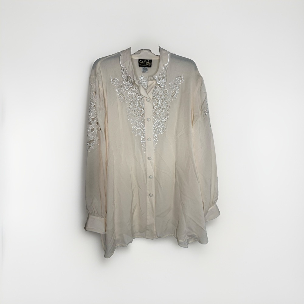 Bob Mackie Wearable Art Blouse Womens 2X Cream Silk Sheer Long Sleeve Top